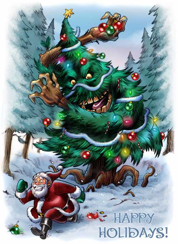 It's that old favorite Christmas tale of Good old Saint Nick getting chased by a man-eating-Christmas-Tree (by 