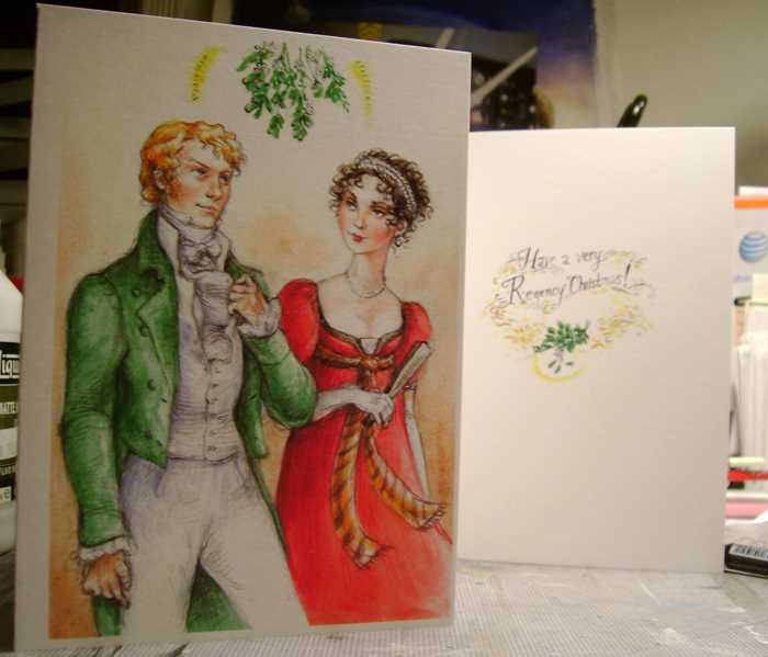 "Mr. Darcy! I find it most presumptious of you to believe that I will surrender to your affections beneath this most barbarous of Yultide adornments!" (Regency period cards - beautifully illustrated by Joanne Renaud) 
