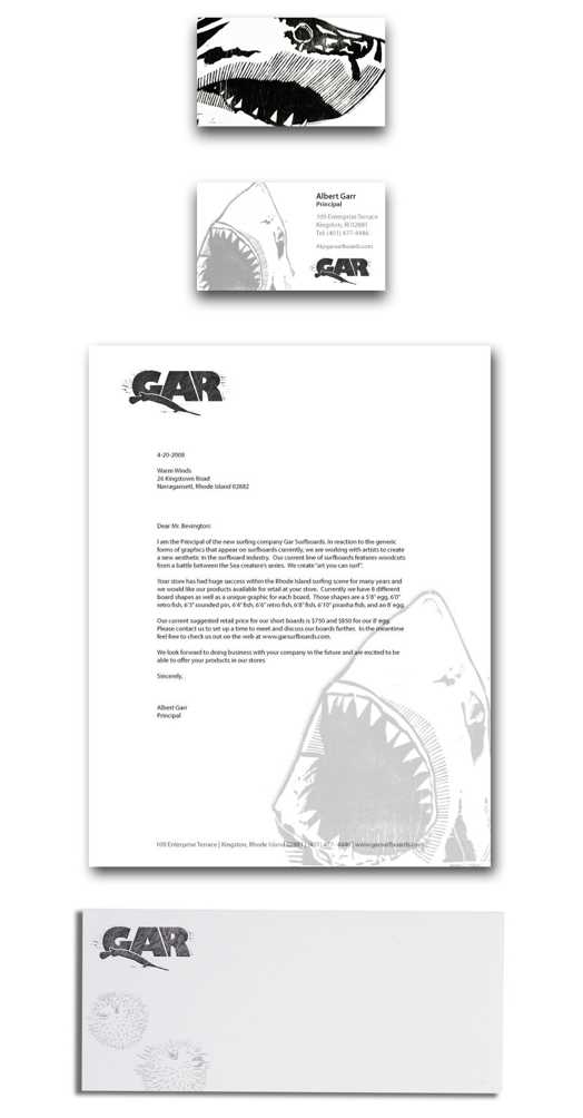 Garr Surfboards black and white stationery with simple layout and excellent snappy shark design 