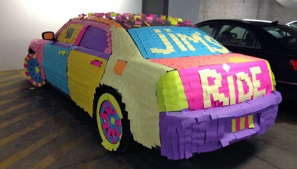Sticky notes car April Fools office prank